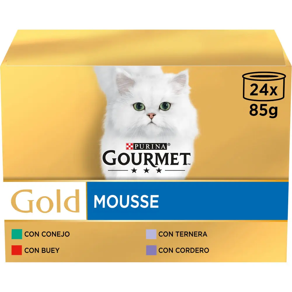 Gourmet Gold Mousse multipack natvoer met rund, konijn, os en lam voor katten 24x85 gr