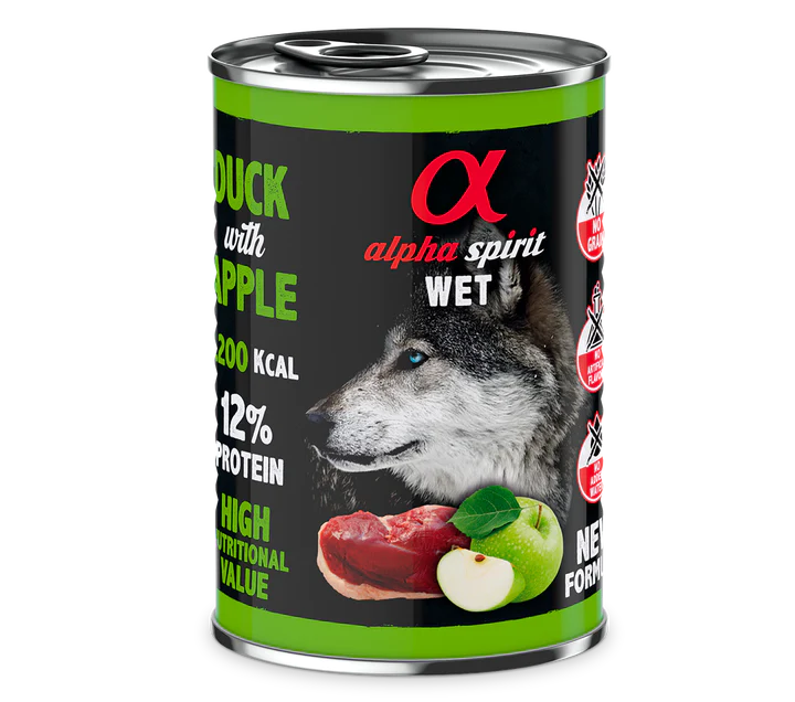 Alpha Spirit Natvoer met eend en groene appel voor honden 400 GR
