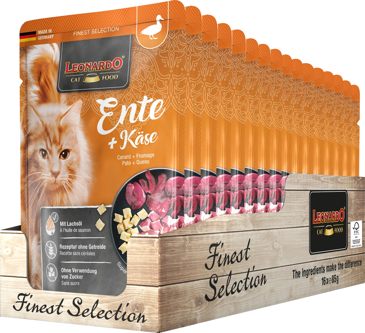 Leonardo Natvoer met eend en kaas voor katten 16x85 gr