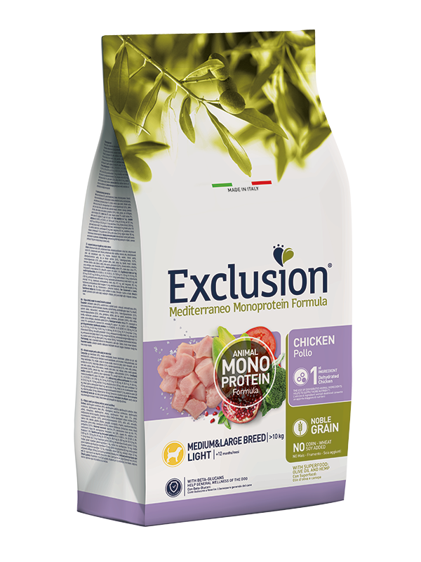 Exclusion Mediterraneo Monoprotein Noble Grain Light met kip voor middelgrote en grote honden 12 KG