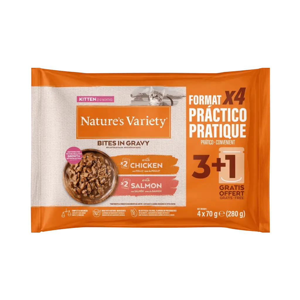 Nature's Variety Natvoer met kip of zalm voor kittens 4x70gr