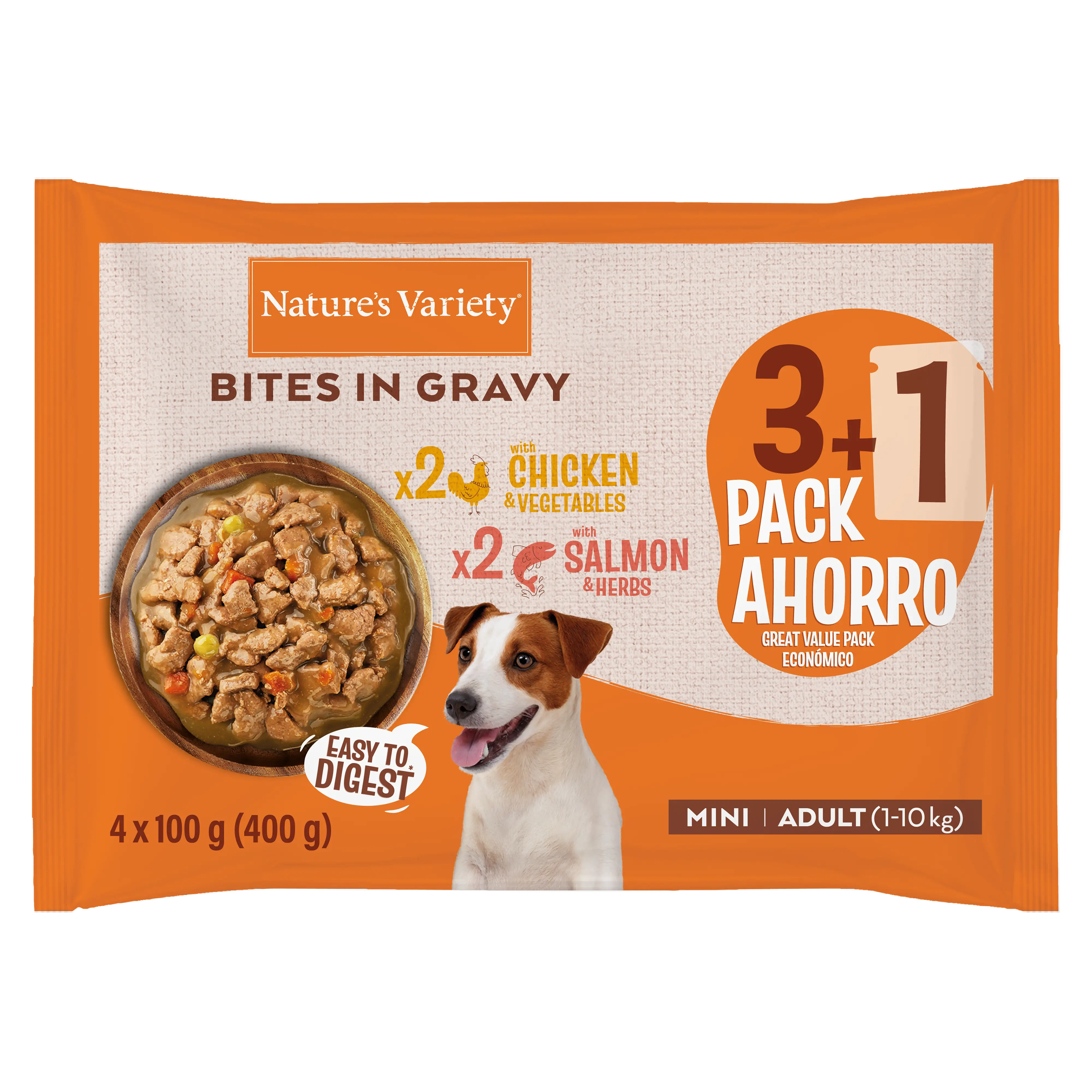 Nature's Variety Natvoer voor honden met kip en zalm: hapjes in saus in flowpack 400 GR