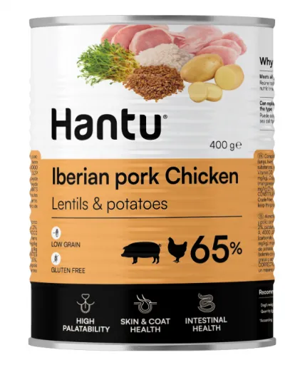 Hantu Comida H&uacute;meda Cerdo Ib&eacute;rico y Pollo con Lentejas y Patatas para Perros Adultos