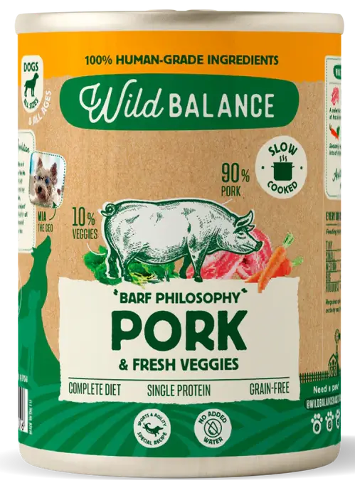 Miscota Wild Balance Lata Cocinada al Vapore di Cerdo e Verdure con Filosofía BARF per Cani