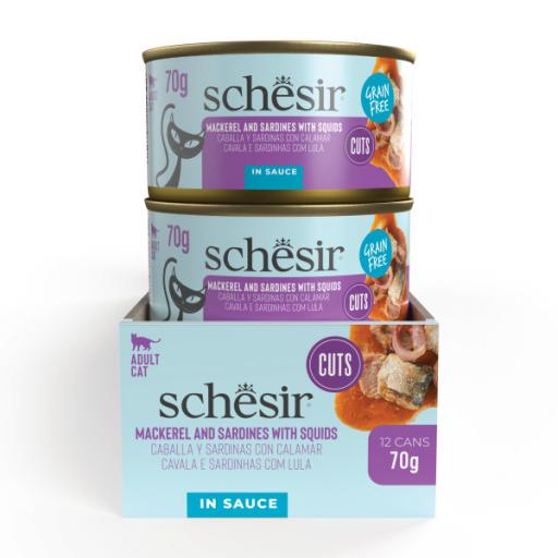 Schesir Nassfutter Makrelen- und Sardinenfilets mit Tintenfisch in So&szlig;e f&uuml;r Katzen