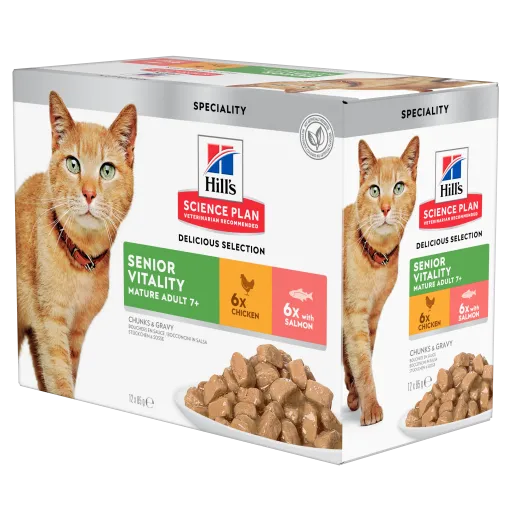 Hill's Feline Senior Vitality Frango e Salm&atilde;o (Multipack saquetas) 12x85 g