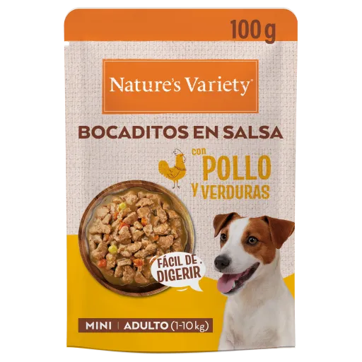 Nature's Variety Aliment Humide en Bouch&eacute;es en Sauce avec Poulet et L&eacute;gumes pour Chiens