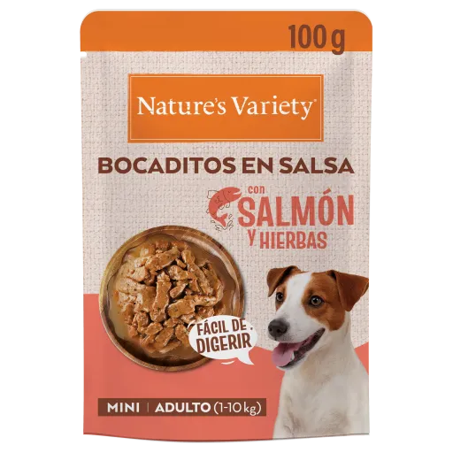 Nature's Variety Comida H&uacute;meda Bocaditos en Salsa con Salm&oacute;n y Hierbas para Perros