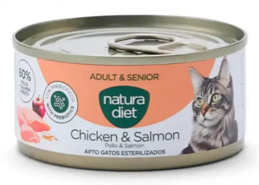 Natura Diet Comida H&uacute;meda en Pat&eacute; de Pollo y Salmon para Gatos Adultos Senior