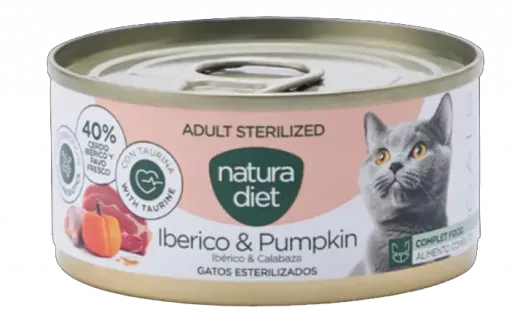 Natura Diet Comida H&uacute;meda de Pat&eacute; Sterilized Iberico y Pumkin para Gatos Adultos