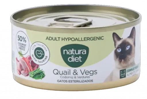 Natura Diet Comida H&uacute;meda en Pat&eacute; Hypoallergenic de Codorniz y Verduras para Gatos Adultos