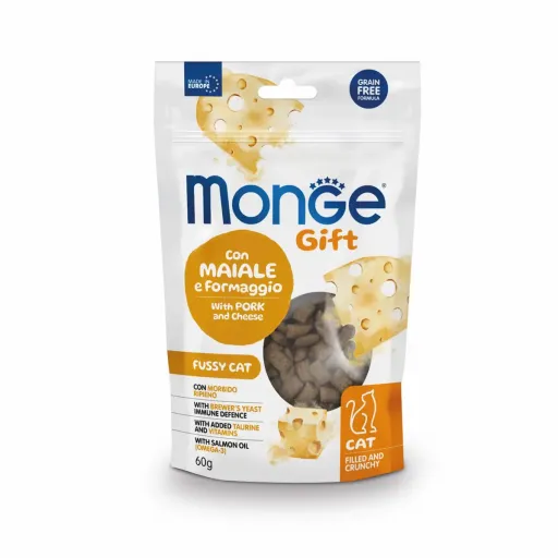 MONGE GIFT Snacks Gift Gatos Filled And Crunchy Exigentes Cerdo Y Queso para Gatos