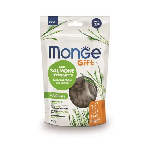 MONGE GIFT Snacks Gift Filled And Crunchy Hairball Salm&oacute;n Catnip para Gatos