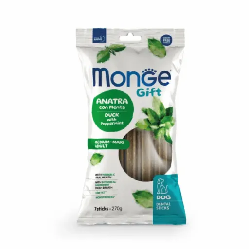 MONGE GIFT Snacks Gift Medianos Y Grandes Dental Pato y Menta para Perros